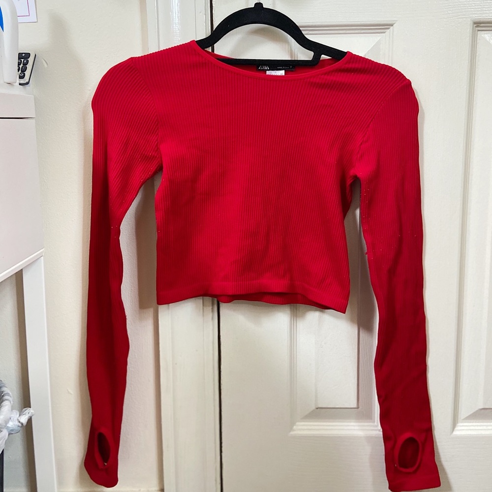 Zara red long-sleeve top w/ finger holes